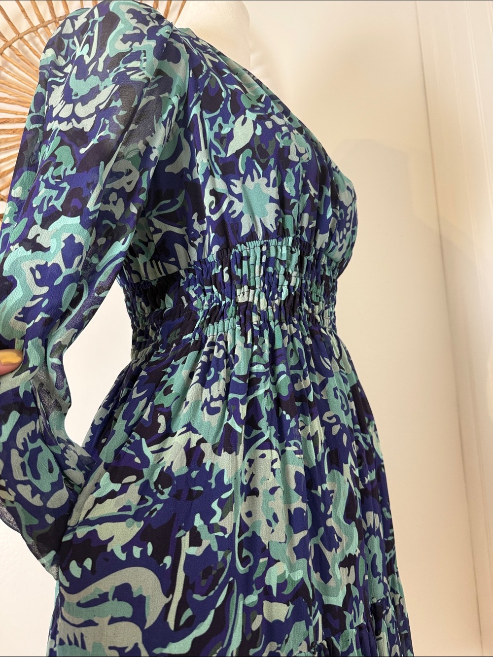 Anthropologie Navy and Teal Floral V-Neck Long Sleeve Dress
